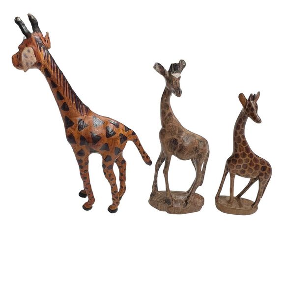 Vintage Trio Giraffes Leather Wrapped Hand Carved Wooden Shelf Sitters Bookcase‎ - Picture 4 of 8